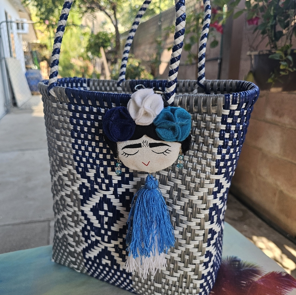 Blue and White Woven Tote with Butterfly Charm